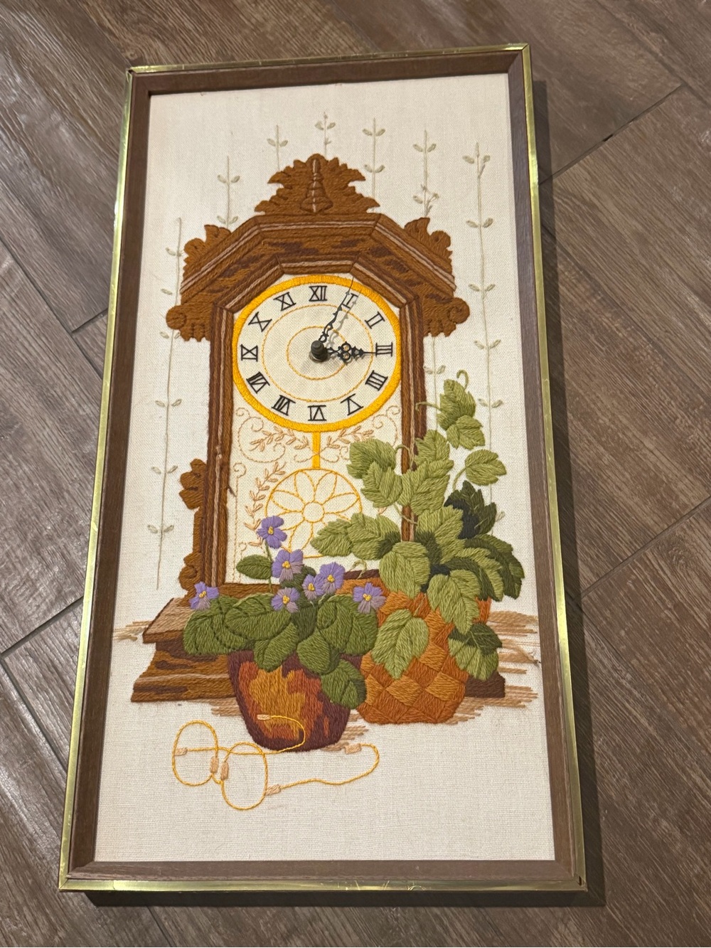 Vintage sunset  Embroidered Wall Clock Tapestry Art in Brown, Green and Gold